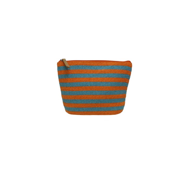 A photo of the Turquoise And Orange Leather Strap Straw Bag product