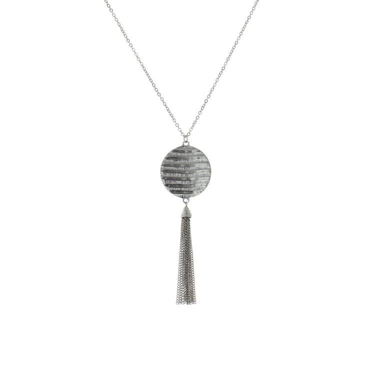 A photo of the Long Silver Medallion Necklace product