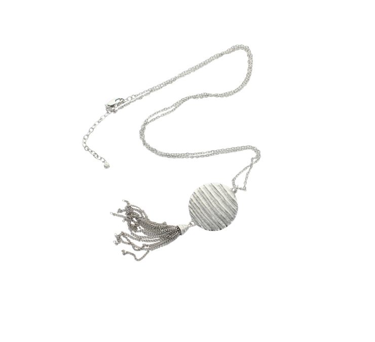 A photo of the Long Silver Medallion Necklace product