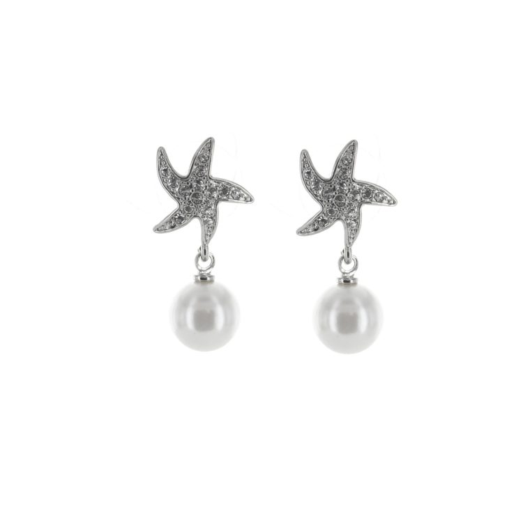 A photo of the Rhinestone Starfish & Pearl Earrings product