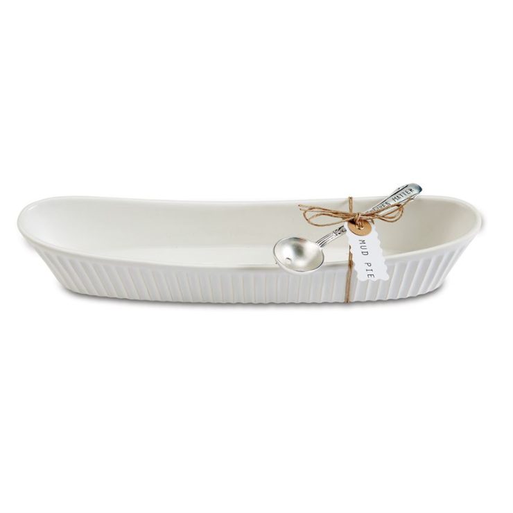 A photo of the Ceramic Olive Boat & Tong Serving Set product