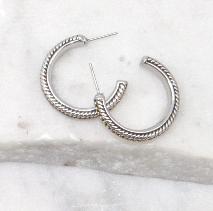 A photo of the Two Tone Braided Hoop Earrings product