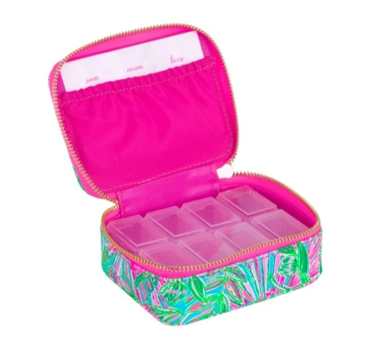 A photo of the Lilly Pulitzer Travel Pill Case In Coming In Hot product