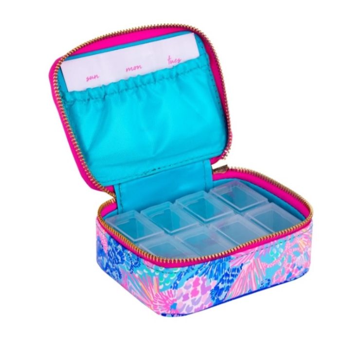 A photo of the Lilly Pulitzer Travel Pill Case In Splendor In The Sand product