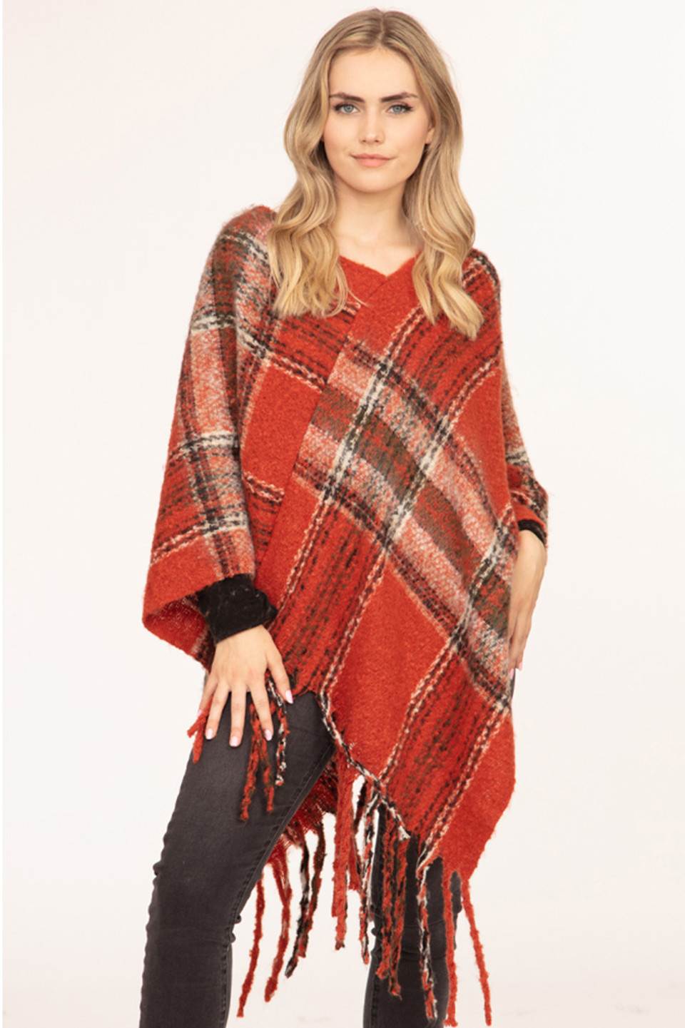 Multi Color Plaid Poncho In Clay - Best of Everything | Online Shopping