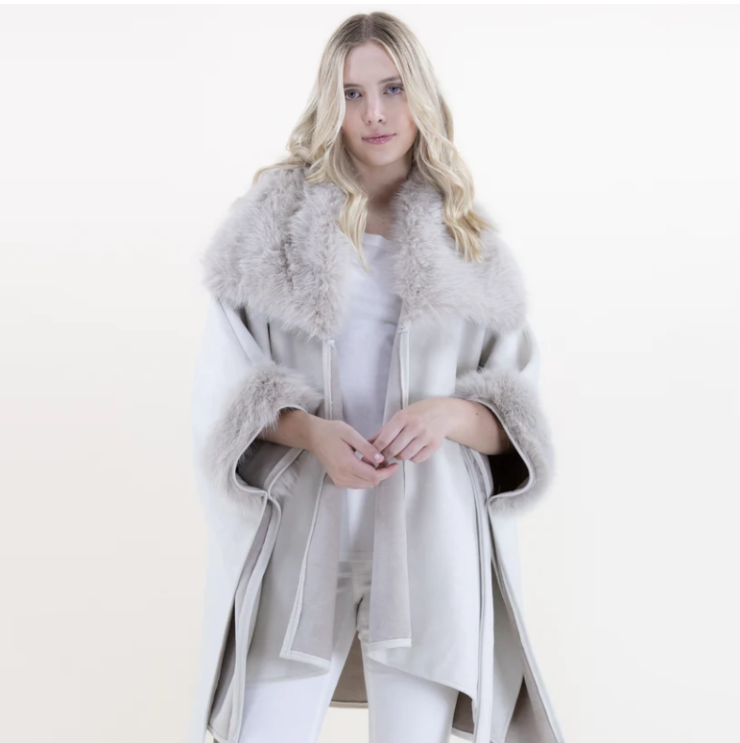 A photo of the Suede Belted Cape with Faux Fur Collar in Beige product