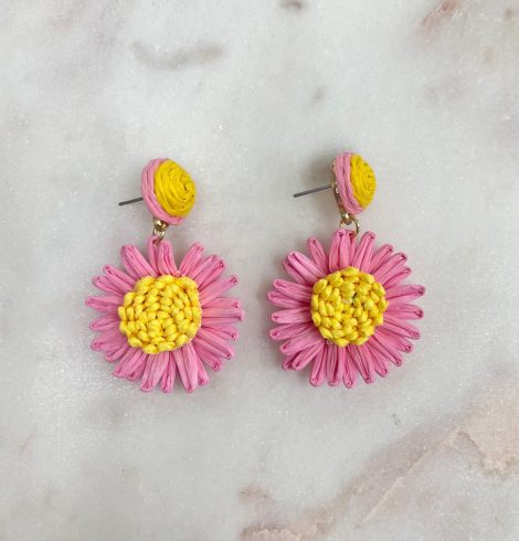 A photo of the Small Daisy Raffia Earrings in Pink product