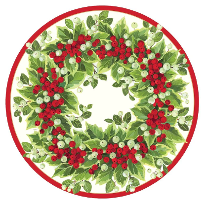 A photo of the Holly and Berry Wreath Round Paper Placemats product