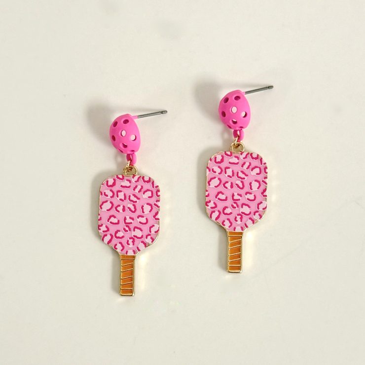 A photo of the Pink Leopard Pickleball Earrings product