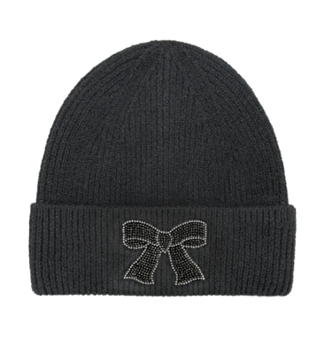 A photo of the Rhinestone Bow Beanie in Black product