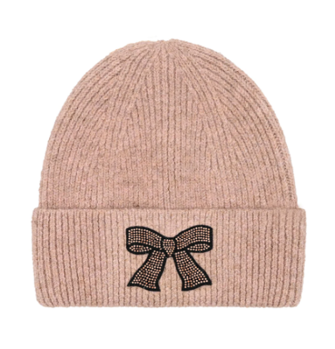 A photo of the Rhinestone Bow Beanie in Rose product