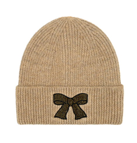 A photo of the Rhinestone Bow Beanie in Taupe product