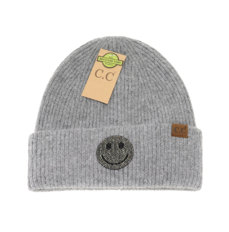 A photo of the Rhinestone Smiley Face Beanie in Grey product