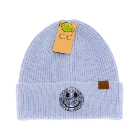 A photo of the Rhinestone Smiley Face Beanie in Light Blue product