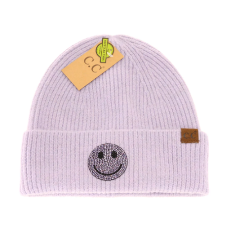 A photo of the Rhinestone Smiley Face Beanie in Lavender product