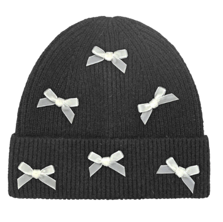 A photo of the Mini Velvet Bow Beanie in Black product