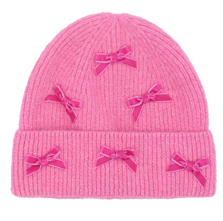 A photo of the Mini Velvet Bow Beanie in Pink product