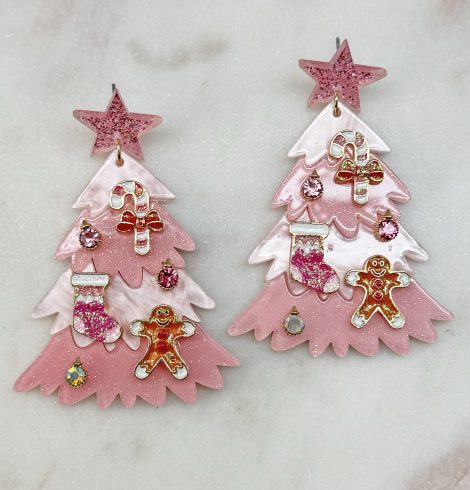 A photo of the Pink Christmas Tree Earrings product