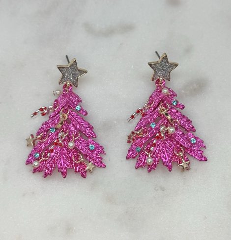 A photo of the Pink Shaggy Christmas Tree Earrings product