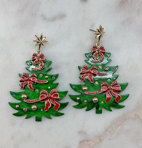 A photo of the Red Bow Christmas Tree Earrings product