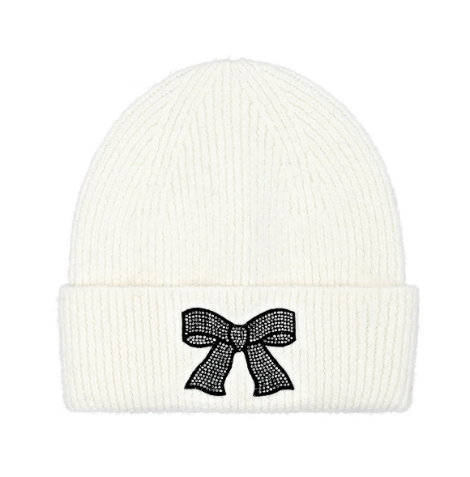 A photo of the Rhinestone Bow Beanie in White product