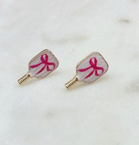 A photo of the Pink Bow Pickleball Studs in Stripes product