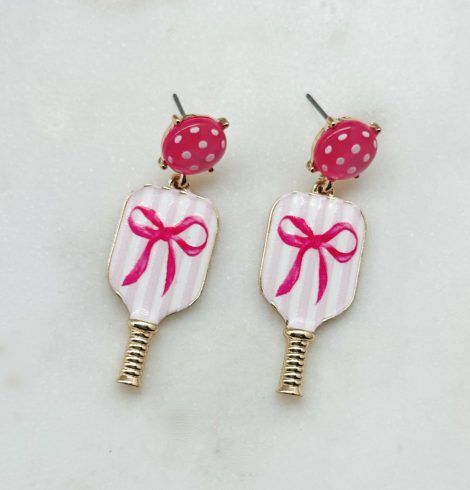 A photo of the Pink Bow Pickleball Earrings in Stripes product